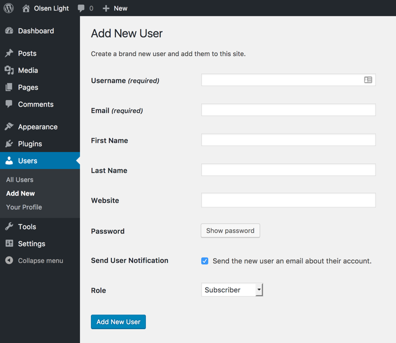 Screenshot of the default back-end WordPress registration form.