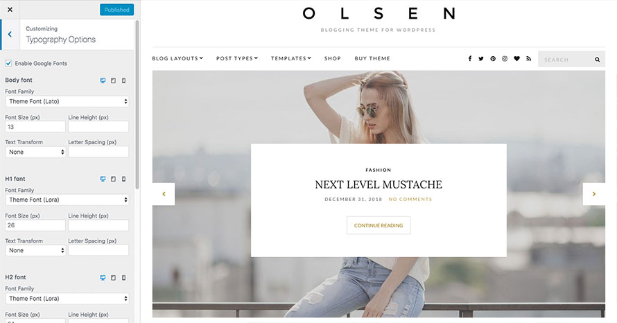 Olsen has been updated with extended typography options WordPress template